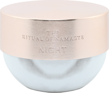 Rewitalizujący krem na noc Rituals The Ritual Of Namaste w białym słoiczku z miedzianą nakrętką.