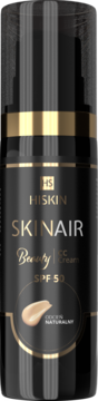 Hiskin Skinair Beauty CC Cream SPF 50 w czarnej butelce z pompką, złote detale, widoczny swatch odcienia naturalnego.