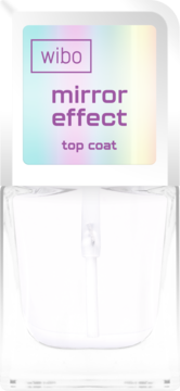 Wibo Mirror Effect Top Coat, przezroczysta butelka z opalizującą etykietą i purpurowymi napisami, widok z przodu.