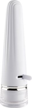 Biały masażer Beautyfly B-Glossy Acne Young, stożkowy z żłobieniami i srebrnym pierścieniem, ujęcie z boku.
