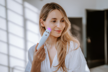 Kobieta używa białego antytrądzikowego masażera Beautyfly B-Glossy Acne Young z niebieskim światłem LED na policzku.