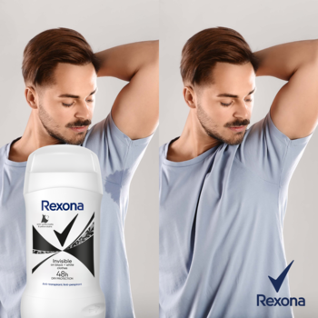 Rexona antyperspirant w sztyfcie. Mężczyzna przed i po. Lewa strona z potliwą pachą, prawa z suchą. Widoczny sztyft.