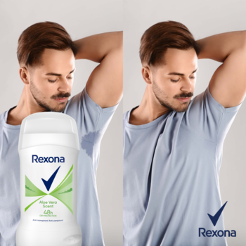 Rexona roll-on Active Shield, dwupanelowe zdjęcie mężczyzny: pot na koszulce i po użyciu, brak plam.