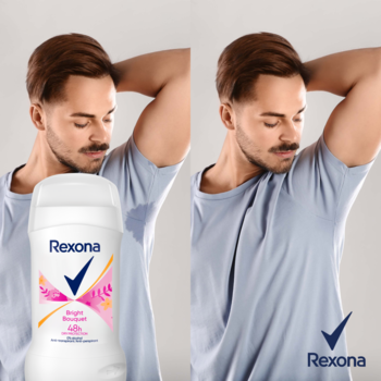 Antyperspirant w sztyfcie Rexona Bright Bouquet, obok mężczyzny przed i po użyciu dla ochrony przed potem.