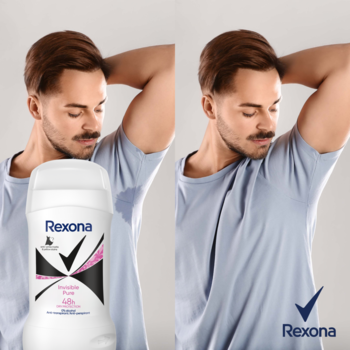 Rexona Invisible Pure antyperspirant. Mężczyzna z mokrą i suchą pachą, demonstracja działania 48h.