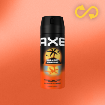 AXE Sunset Fresh dezodorant w sprayu, czarno-pomarańczowa puszka z tropikalnym wzorem i ananasem. Widok z przodu.
