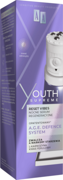 AA Youth Supreme Reset Vibes nocne serum regenerujące z wibrującym masażerem. Fioletowe opakowanie, widok pod kątem.
