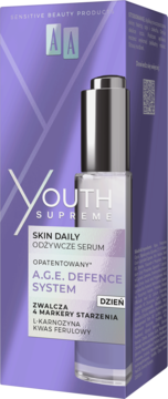 AA Youth Supreme Skin Daily Odżywcze Serum w fioletowym opakowaniu, widok z przodu. Serum na dzień z A.G.E. Defence System.