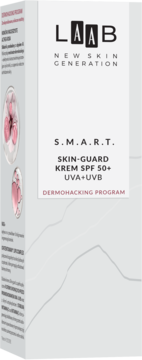 Białe opakowanie kremu LAAB S.M.A.R.T. Skin-Guard SPF 50+, UVA+UVB. Widok z przodu i boku z grafiką.