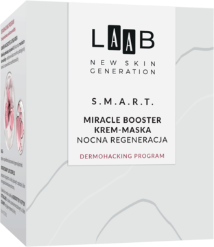Pudełko AA LAAB S.M.A.R.T. Miracle Booster Krem-Maska Nocna Regeneracja, białe z czarnym tekstem, widok z przodu pod kątem.
