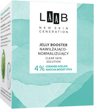 Laab Jelly Booster, nawilżająco-normalizujący w turkusowym pudełku, widok pod kątem, z napisem 4% Ceramid Azelaic Matcha Boost CPLX.