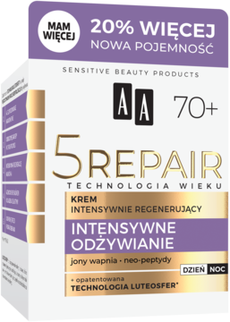 Krem AA 5 Repair 70+ regenerująco-odżywczy z wapniem i peptydami, biało-fioletowe pudełko, widok z przodu.