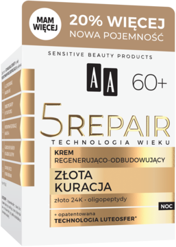 Krem AA 5 Repair na noc 60+ ze złotem 24K, oligopeptydami. Złoto-białe pudełko, widok pod kątem.