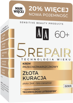 AA 5 Repair Złota Kuracja krem 60+ dzień, brązowo-złote opakowanie 20% więcej, widok z przodu pod kątem.