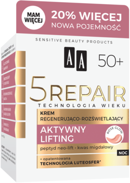 Krem na noc AA 5 Repair Aktywny Lifting 50+ w białym pudełku z różowym tłem, złotym napisem i logo 20% więcej.