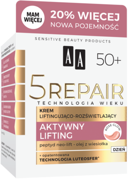 AA 5 Repair Aktywny Lifting krem na dzień 50+, w biało-różowym pudełku z 20% większą pojemnością.