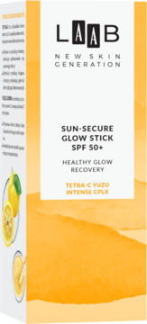 LAAB Sun-Secure Glow Stick SPF 50+ Tetra-C Yuzu, rozświetlający sztyft przeciwsłoneczny do twarzy, widok z przodu.