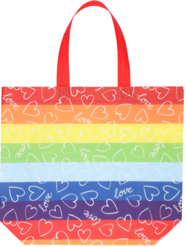 Torba na zakupy 34x25x10 cm, tęczowa z wzorem białych serc i napisem 'love', z czerwonymi uchwytami.