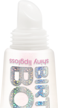 Zbliżenie na biały błyszczyk Birthday Bomb z holograficznym logo i różowym napisem "shiny lipgloss", widoczny aplikator.