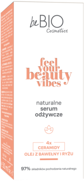 beBIO naturalne serum odżywcze, białe pudełko z brzoskwiniowymi detalami, ceramidy i olej ryżowy, widok z przodu.