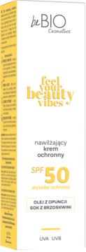 BeBIO nawilżający krem ochronny do twarzy SPF 50 z opuncją i brzoskwinią, biało-żółte opakowanie, widok przód.
