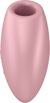 Satisfyer Cutie Heart wibrator, różowy, silikonowy, podłużny i obły, z otworem na szczycie, widok z przodu.