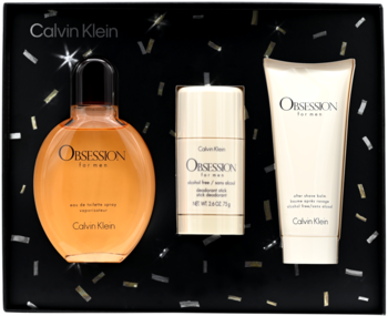 Zestaw CK Obsession For Men: bursztynowa woda toaletowa, sztyft, balsam po goleniu, na czarnym tle z confetti.