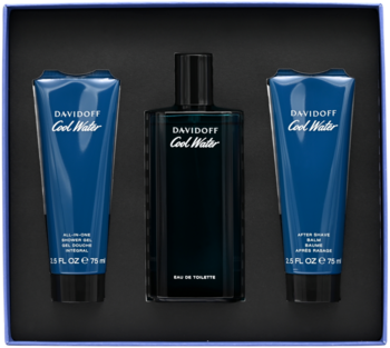 Zestaw Davidoff Cool Water: ciemna butelka EDT i dwie niebieskie tubki żelu, balsamu, w granatowym pudełku.