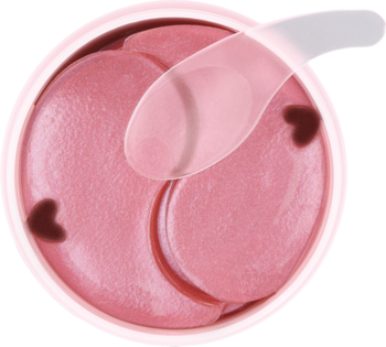 Różowe, truskawkowe płatki hydrożelowe Isana I Love You Berry Much z serduszkami, w pojemniku, z łyżeczką, widok z góry.