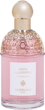 Woda toaletowa Guerlain Aqua Allegoria Florabloom, różowa butelka z ozdobami w kształcie ula, widok z przodu.