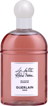 Guerlain La Petite Robe Noire różowy żel pod prysznic w przezroczystej butelce z białą nakrętką, widok z przodu.