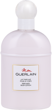 Mon Guerlain Lait Parfumé Pour Le Corps, jasnoróżowa butelka balsamu z białym korkiem, widok z przodu.