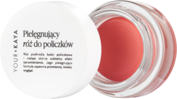 Pielęgnujący róż YOUR KAYA Radiant Peach w otwartym słoiczku, widoczne białe wieczko z napisem.