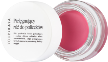 Zbliżenie na otwarty, biały słoiczek Pielęgnujący róż do policzków Your+Kaya Berry Bloom, kremowa, różowa konsystencja.