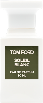 Biała butelka Tom Ford Soleil Blanc Eau de Parfum 50 ml z ciemnozieloną etykietą i białym napisem.