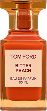 Woda perfumowana Tom Ford Bitter Peach 50 ml w prostokątnej butelce, pomarańczowy płyn i złota nakrętka, widok z przodu.