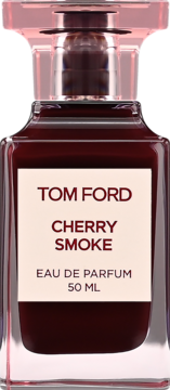 Tom Ford Cherry Smoke woda perfumowana 50 ml, butelka w kolorze wiśniowym z jasną etykietą, widok z przodu.