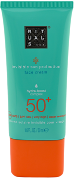 Rituals Invisible Sun Protection Face Cream SPF 50+ Hydra-Boost w turkusowej tubce z pomarańczowym spodem.