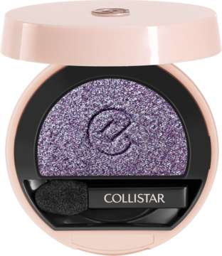 Widok z góry otwartego brokatowego cienia Collistar Lavender Frost w jasnoróżowym opakowaniu z aplikatorem.