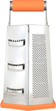 Tarka kuchenna czterostronna, srebrna stal nierdzewna z pomarańczowym uchwytem i podstawą, widok z przodu.