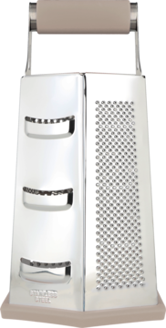 Srebrna tarka kuchenna ze stali nierdzewnej, czterostronna, z beżowym uchwytem i antypoślizgową podstawą, widok z przodu.