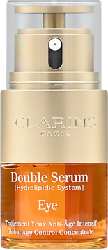 Clarins Double Serum Eye, dwufazowe serum przeciwstarzeniowe w złotym opakowaniu z pomarańczowym płynem, widok z przodu.