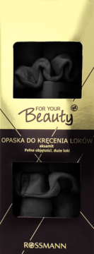 Opaska do kręcenia loków For Your Beauty. Czarna, aksamitna opaska w złotym opakowaniu Rossmann z okienkami.