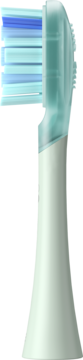 Miętowa końcówka Oclean Ultra Gum Care do wrażliwych dziąseł, widok z boku, z niebieskim włosiem.