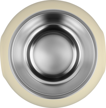 Okrągła miska dla psa z błyszczącej stali nierdzewnej i kremowym, szerokim rantem, widok z góry.