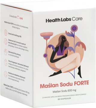 Health Labs Care Maślan Sodu FORTE, białe pudełko z grafiką kobiety, 60 kapsułek Maślan Sodu 600 mg, widok pod kątem.