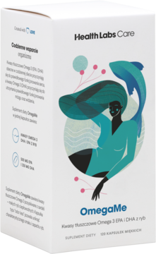 Health Labs Care OmegaMe, suplement Omega 3 EPA i DHA, białe pudełko z grafiką kobiety-ryby, widok pod kątem.