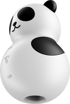 Biały masażer intymny Satisfyer Pocket Panda w kształcie pandy, z czarnymi uszami, oczami i plamkami, widok z boku.