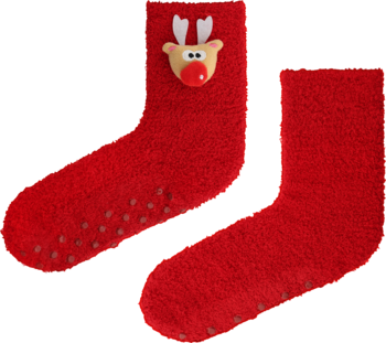 Para czerwonych, puszystych skarpet świątecznych z głową renifera i antypoślizgowymi wypustkami.
