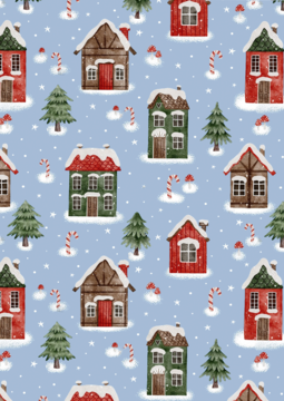 Wzór zimowy z czerwonobrunatnymi domkami, sosnami i białym śniegiem na błękitnym tle. Pastelowy, akwarelowy styl.